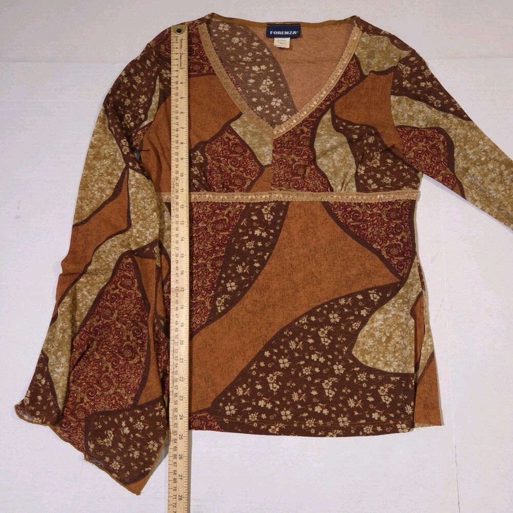 VTG 90's Y2K Babydoll Top Patchwork Orange Lace Neck Bell Sleeve Festival Womens - Picture 8 of 11